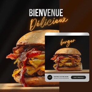 May include: A large, appetizing burger with multiple layers of cheese, bacon, and sauce. The image includes the text "BIENVENUE Délicieux" and a smaller image with the word "burger". The burger is on a dark background.