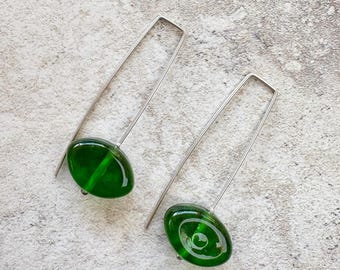 Long green glass earrings. Beads handcrafted from a Tanqueray Gin bottle. Sterling Silver findings.