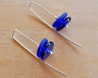 Cobalt blue earrings. Handmade recycled glass beads made from a vodka bottle. Unique shape, sterling silver, wear them day or night