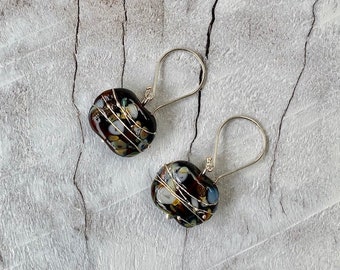 Hendrick's Gin bottle earrings. Stunning dark brown earrings, with extra sparkle. Handmade recycled glass beads