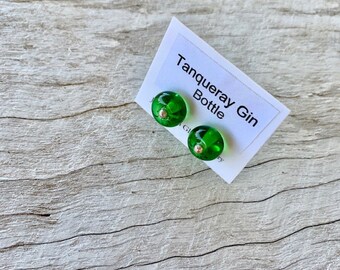 Small green stud earrings. Beads made from a gin bottle. Minimal glass studs, easy to wear, choose the finish you prefer.