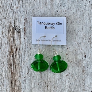 Gin bottle earrings. Handmade glass bead earrings made from a Tanqueray gin bottle.