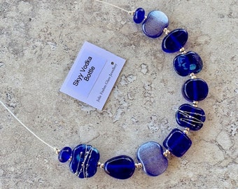 Blue recycled glass necklace. Stunning cobalt blue statement necklace. Handmade glass beads from a Skyy Vodka bottle. Great gift for her
