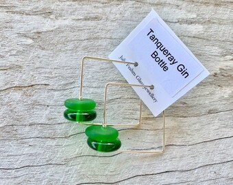 Bright green repurposed glass bead earrings. Square hoops, gorgeous design.  Handmade recycled glass beads made from a gin bottle.