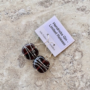 Purple recycled glass earrings - handmade glass beads crafted from a Limited Release Hendricks Gin bottle with silver sparkles