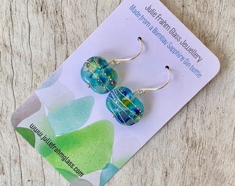 Bright blue recycled glass earrings. Beads made from a gin bottle. Upcycled, modern, sparkly, blue glass earrings.