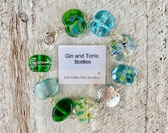 Blue and Green recycled glass bead bracelet. Beads made from Gin and Tonic bottles. Perfect gift for a gin drinker
