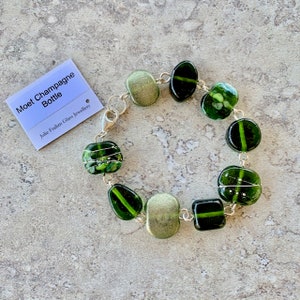 Stunning green recycled glass bead bracelet. Handmade glass beads from a champagne bottle. Recycled, upcycled, repurposed jewellery image 1