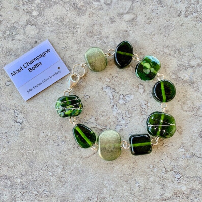 Stunning green recycled glass bead bracelet. Handmade glass beads from a champagne bottle. Recycled, upcycled, repurposed jewellery image 1