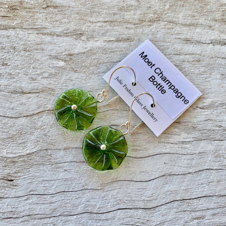 Green recycled glass flower earrings. Glass floral earrings, beads made from a champagne bottle. Great colour, sterling silver findings image 1