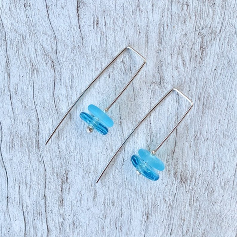 Bright blue earrings. Beaded earrings made from a gin bottle. Upcycled jewellery makes a perfect gift. Recycled glass, sterling silver image 7