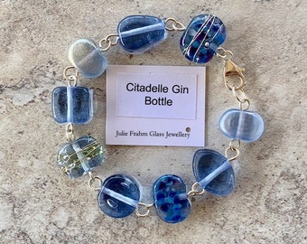 Blue recycled glass bead bracelet, glass beads made from a Citadelle gin bottle. Sterling silver