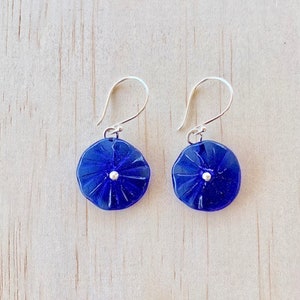 Blue flower earrings. Glass floral earrings, beads made from a vodka bottle. Great colour, lightweight, sterling silver. image 2