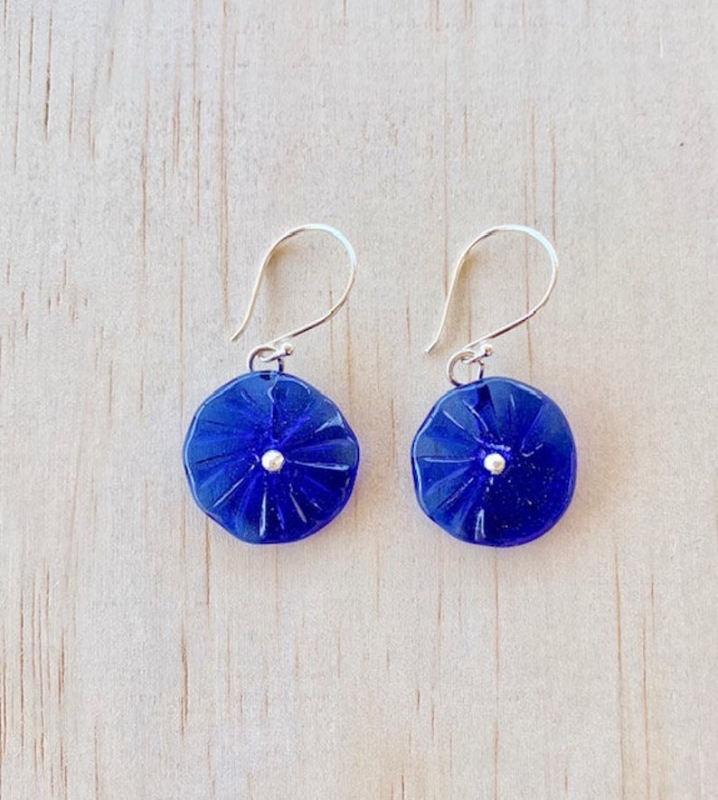 Blue flower earrings. Glass floral earrings, beads made from a vodka bottle. Great colour, lightweight, sterling silver. image 2