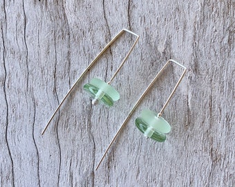 Green Depression Glass Earrings. Tiered earrings. Handmade glass beads from a Depression Glass plate