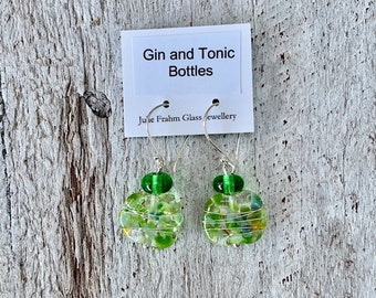 Gin and Tonic Earrings. Bright green recycled glass earrings made from a Tanqueray Gin bottle. Great present for a gin lover.