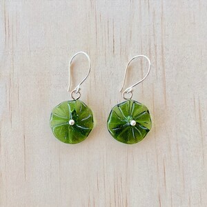 Green recycled glass flower earrings. Glass floral earrings, beads made from a champagne bottle. Great colour, sterling silver findings image 6