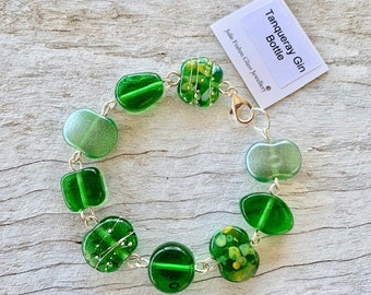 Green bead bracelet, glass beads made from a gin bottle. Stunning colour, perfect gift for her, especially gin lovers.