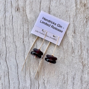 Purple recycled glass earrings. Handmade recycled glass beads made from a Limited Release Hendricks Gin bottle