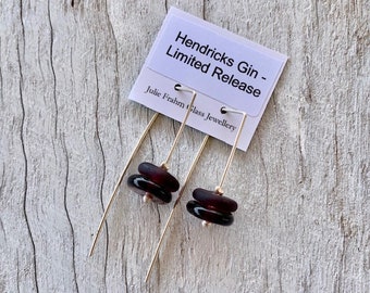 Purple recycled glass earrings. Handmade recycled glass beads made from a Limited Release Hendricks Gin bottle