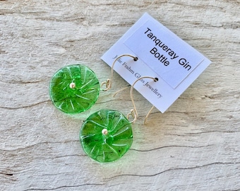 Green flower earrings. Handmade recycled glass beads from a gin bottle. Stylish, elegant earrings ,makes a great gift for her.