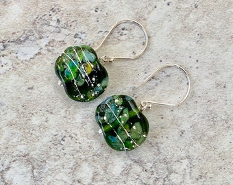 Green recycled glass earrings. Handmade recycled glass beads made from a champagne bottle.