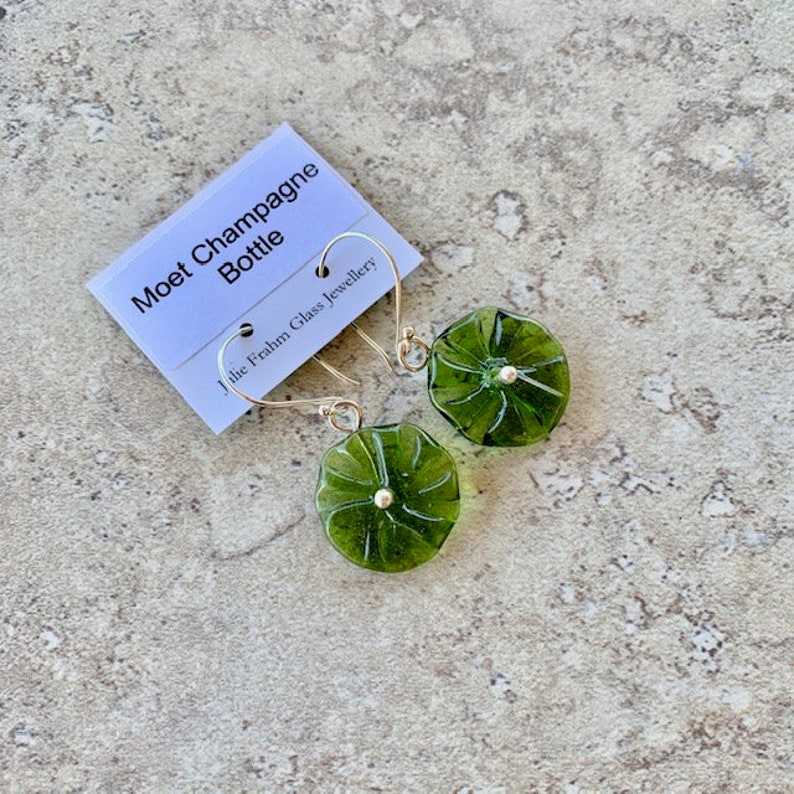 Green recycled glass flower earrings. Glass floral earrings, beads made from a champagne bottle. Great colour, sterling silver findings image 5