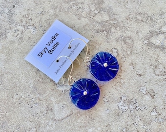 Blue flower earrings. Glass floral earrings, beads made from a vodka bottle. Great colour, lightweight, sterling silver.