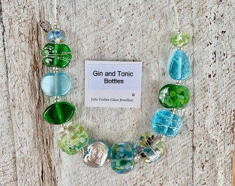 Blue and green recycled glass bead necklace. Stunning necklace featuring beads made from gin and tonic bottles. Great gift for a gin drinker