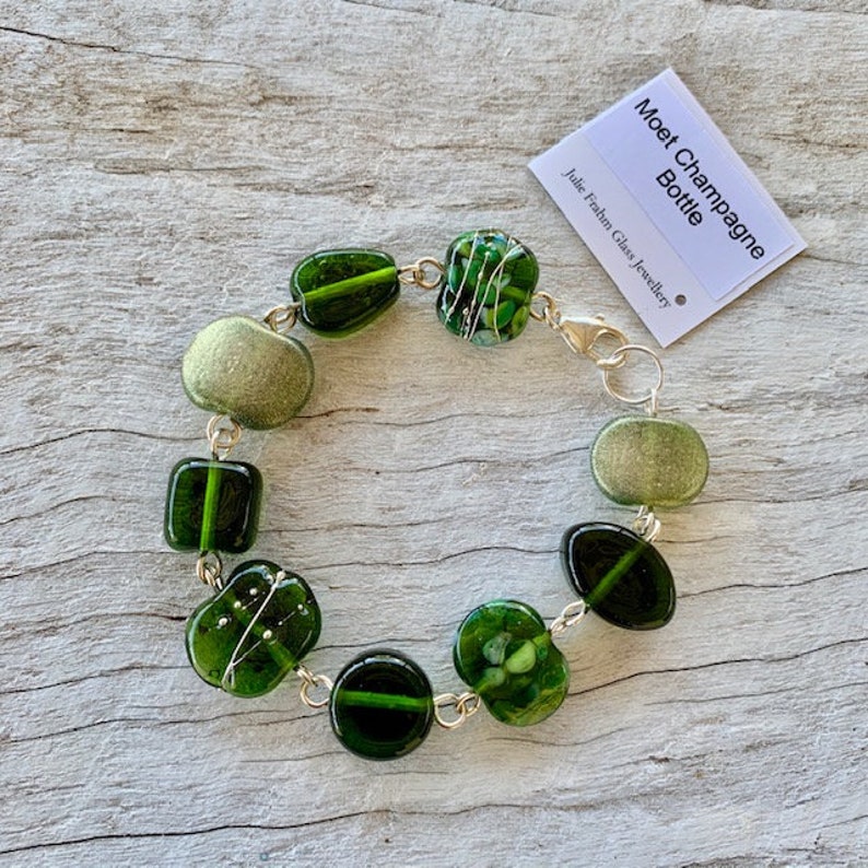 Stunning green recycled glass bead bracelet. Handmade glass beads from a champagne bottle. Recycled, upcycled, repurposed jewellery image 3