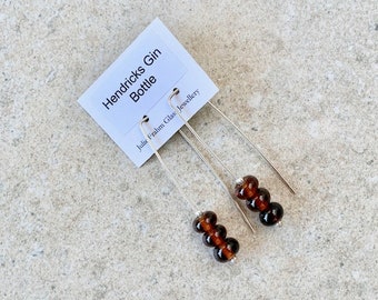 Long recycled glass earrings. Beads made from a gin bottle. Elegant, everyday earrings. Sustainable, statement earrings