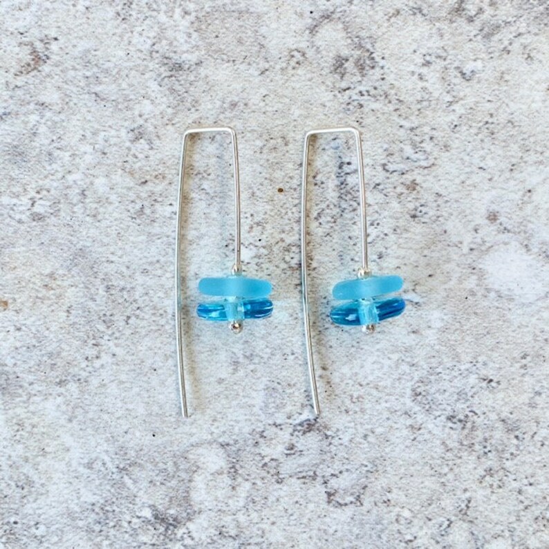 Bright blue earrings. Beaded earrings made from a gin bottle. Upcycled jewellery makes a perfect gift. Recycled glass, sterling silver image 5