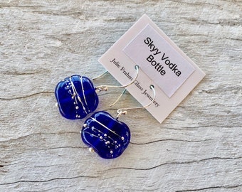 Blue sparkly glass earrings. Recycled glass beads made from a vodka bottle. Stunning, elegant earrings, perfect gift for her.