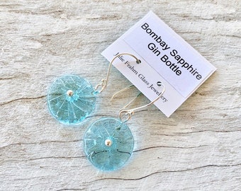 Blue flower earrings. Handmade recycled glass beads from a gin bottle. Stylish, elegant earrings ,makes a great gift for her.