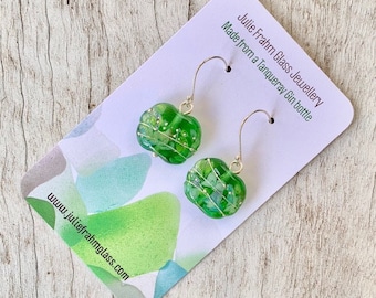 Bright green recycled glass earrings. Beads made from a gin bottle. Perfect gift for gin lovers!