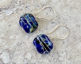 Cobalt blue recycled glass earrings. Recycled glass beads made from a vodka bottle. Handmade, sterling silver, recycled glass