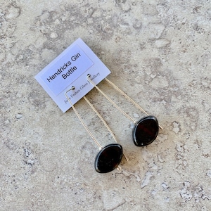 Long brown recycled glass earrings. Beads made from a Hendrick's gin bottle. Sterling silver findings