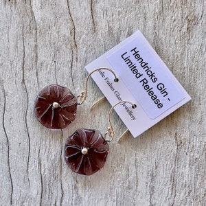 Purple recycled glass flower earrings. Handmade recycled glass beads made from a Limited Release Hendricks Gin bottle