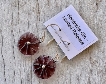 Purple recycled glass flower earrings. Handmade recycled glass beads made from a Limited Release Hendricks Gin bottle