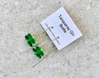 Green recycled glass earrings. Handmade recycled glass beads made from a Tanqueray Gin bottle