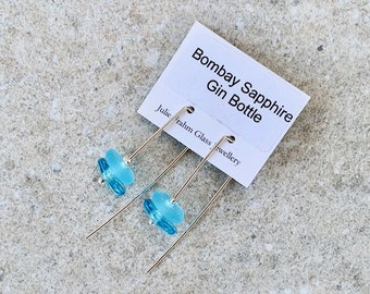 Bright blue earrings. Beaded earrings made from a gin bottle. Upcycled jewellery makes a perfect gift. Recycled glass, sterling silver