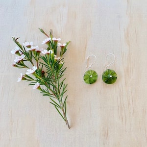 Green recycled glass flower earrings. Glass floral earrings, beads made from a champagne bottle. Great colour, sterling silver findings image 2