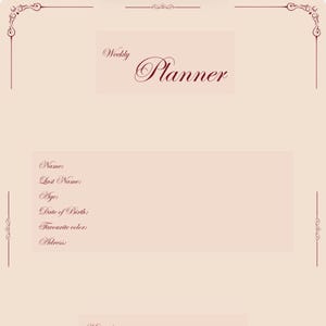 Peut inclure: Un agenda hebdomadaire avec un fond pêche clair et des bordures bordeaux décoratives. L'agenda comprend des sections pour les informations personnelles et les objectifs, avec le titre "Weekly Planner" en écriture élégante.