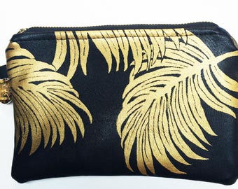 Handprinted, handmade canvas wristlet purse - Palm Leaves