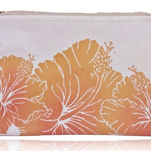 Handprinted, handmade cotton canvas wristlet purse, hibiscus clutch image 1