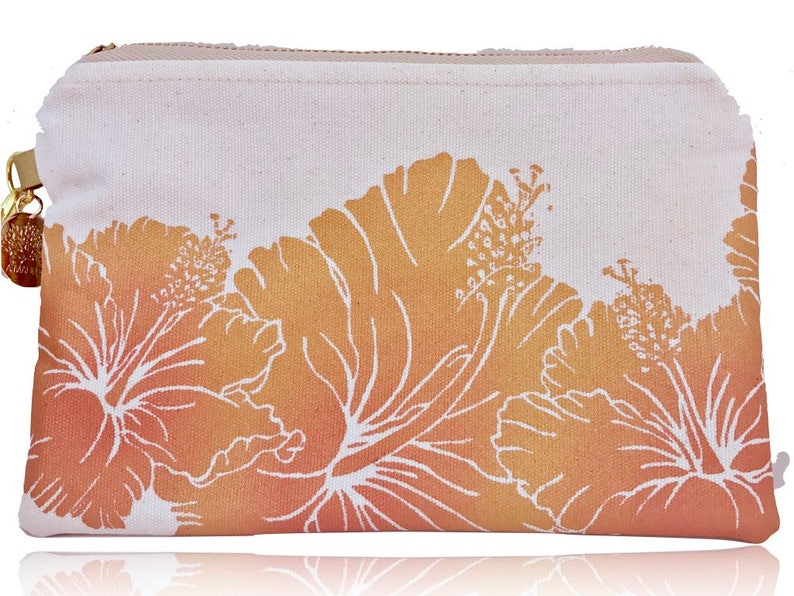 Handprinted, handmade cotton canvas wristlet purse, hibiscus clutch image 1