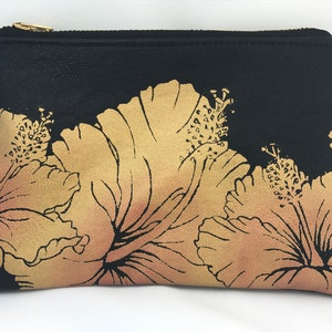 Handprinted, handmade cotton canvas wristlet purse, hibiscus clutch image 3