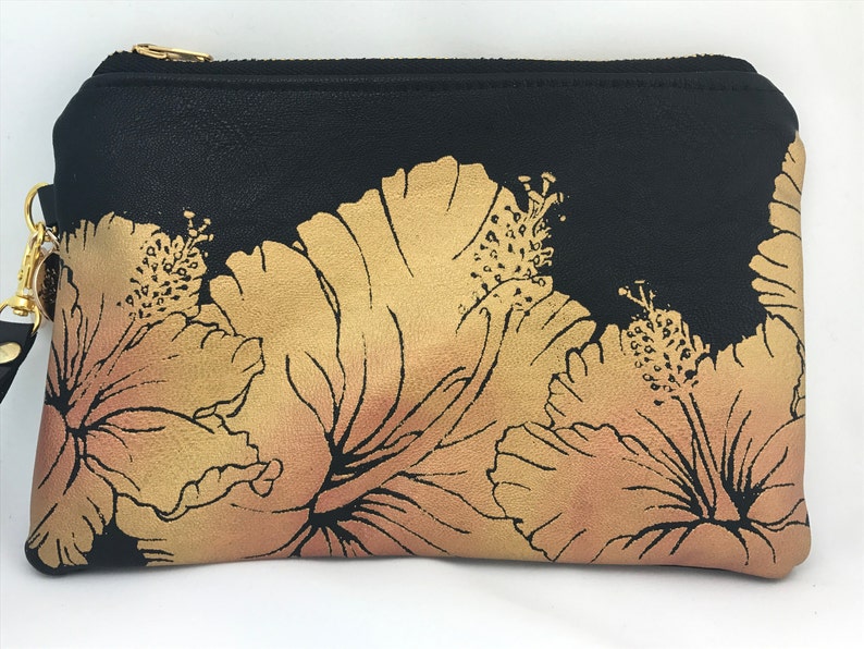 Handprinted, handmade cotton canvas wristlet purse, hibiscus clutch image 3