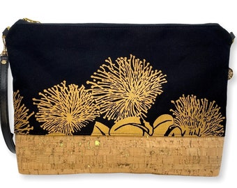 Ohia Lehua Handprinted Handbag w/ Cork Bottom