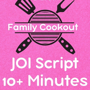 Puede incluir: Fondo rosa con las palabras "Sweet Stepsis", "Cuck", "Family Cookout", "JOI Script" y "10+ Minutes". Un gráfico negro de una parrilla, espátula, tenedor y cuchillos está en el centro.
